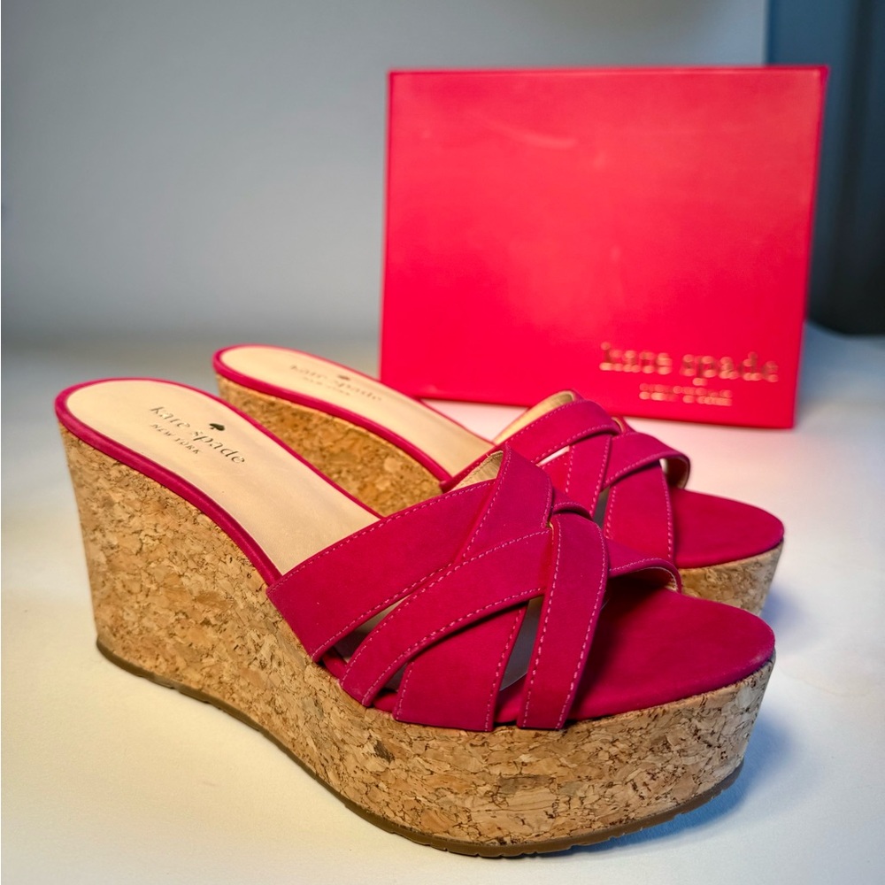 Kate Spade Talcott Pink Suede Cork Wedge Sandals Crisscross Platform NIB Size 7 - Picture 8 of 14